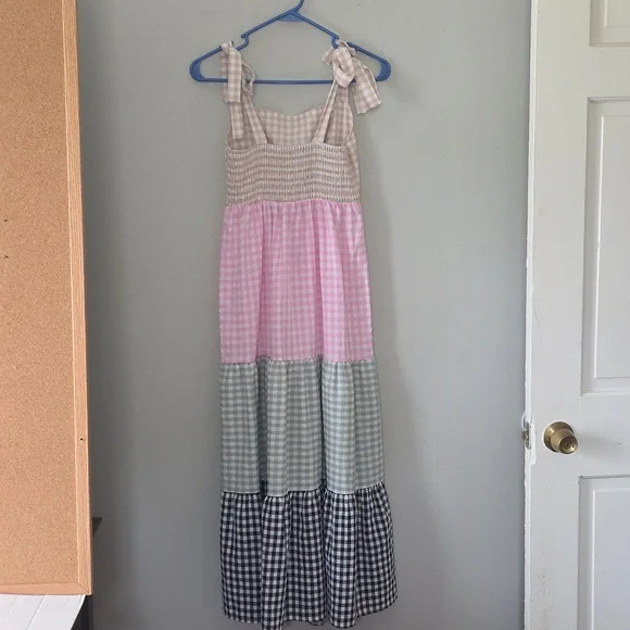 Multicolor Gingham Tiered Sundress XS Cottagecore Bow Strap Dress - Picture 5 of 10